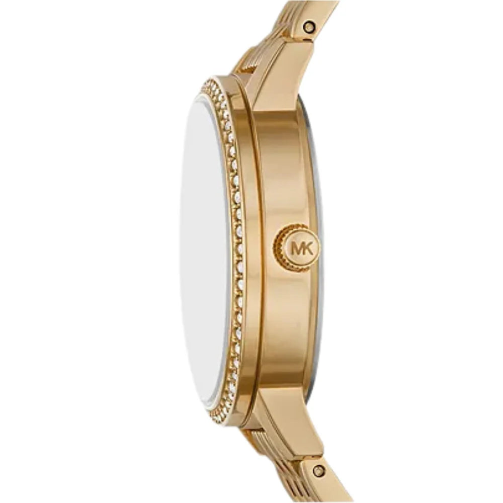 Side profile of Michael Kors Melissa MK1051 gold stainless steel bracelet watch