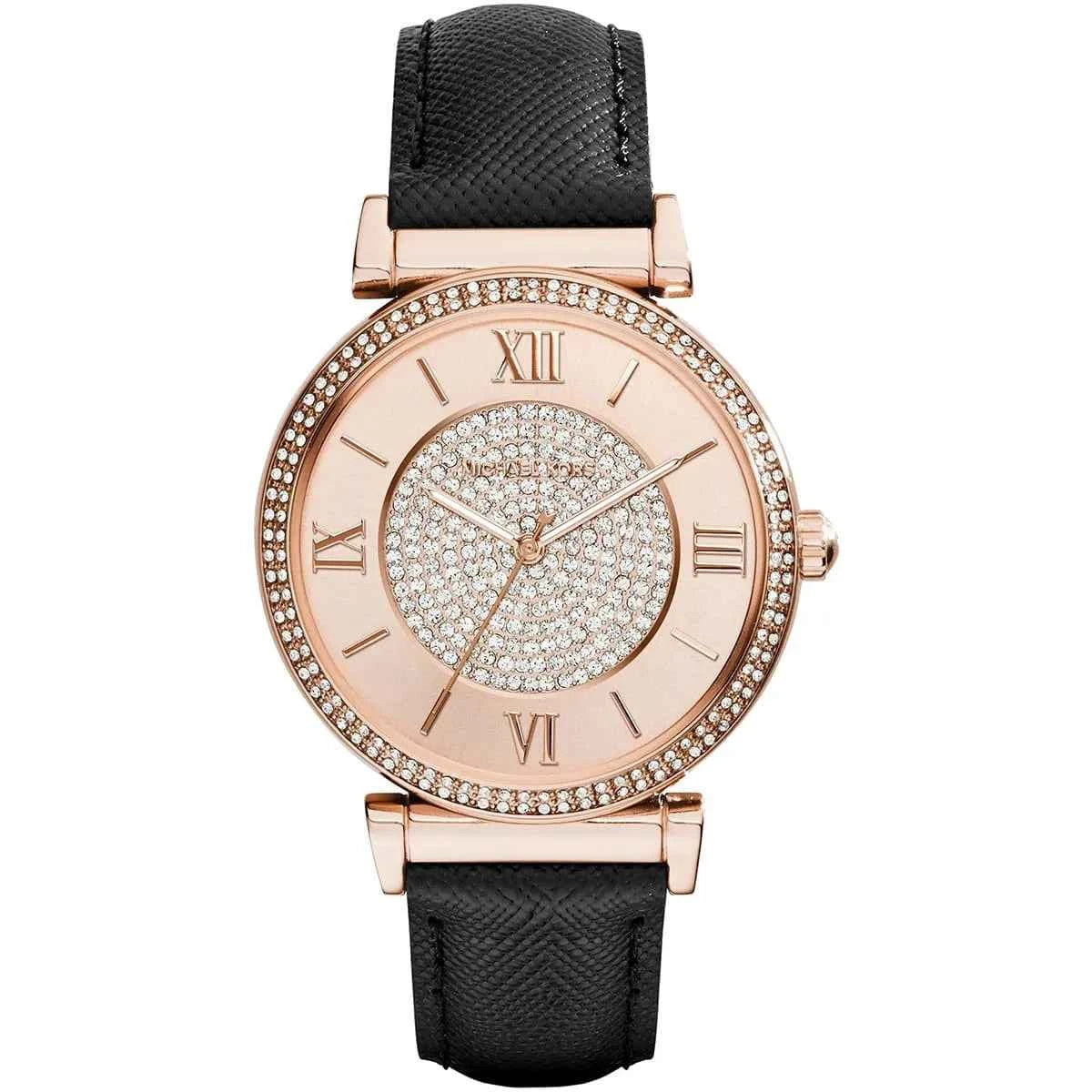 Michael Kors Catlin MK2376 Women's Rose Gold Dial Black Leather Watch