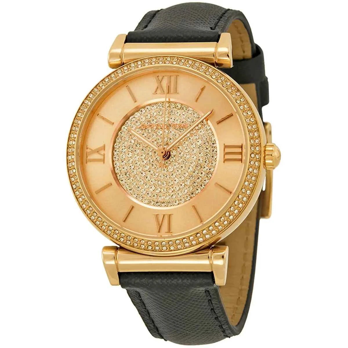 Michael Kors Catlin MK2376 Women's Rose Gold Dial Black Leather Watch
