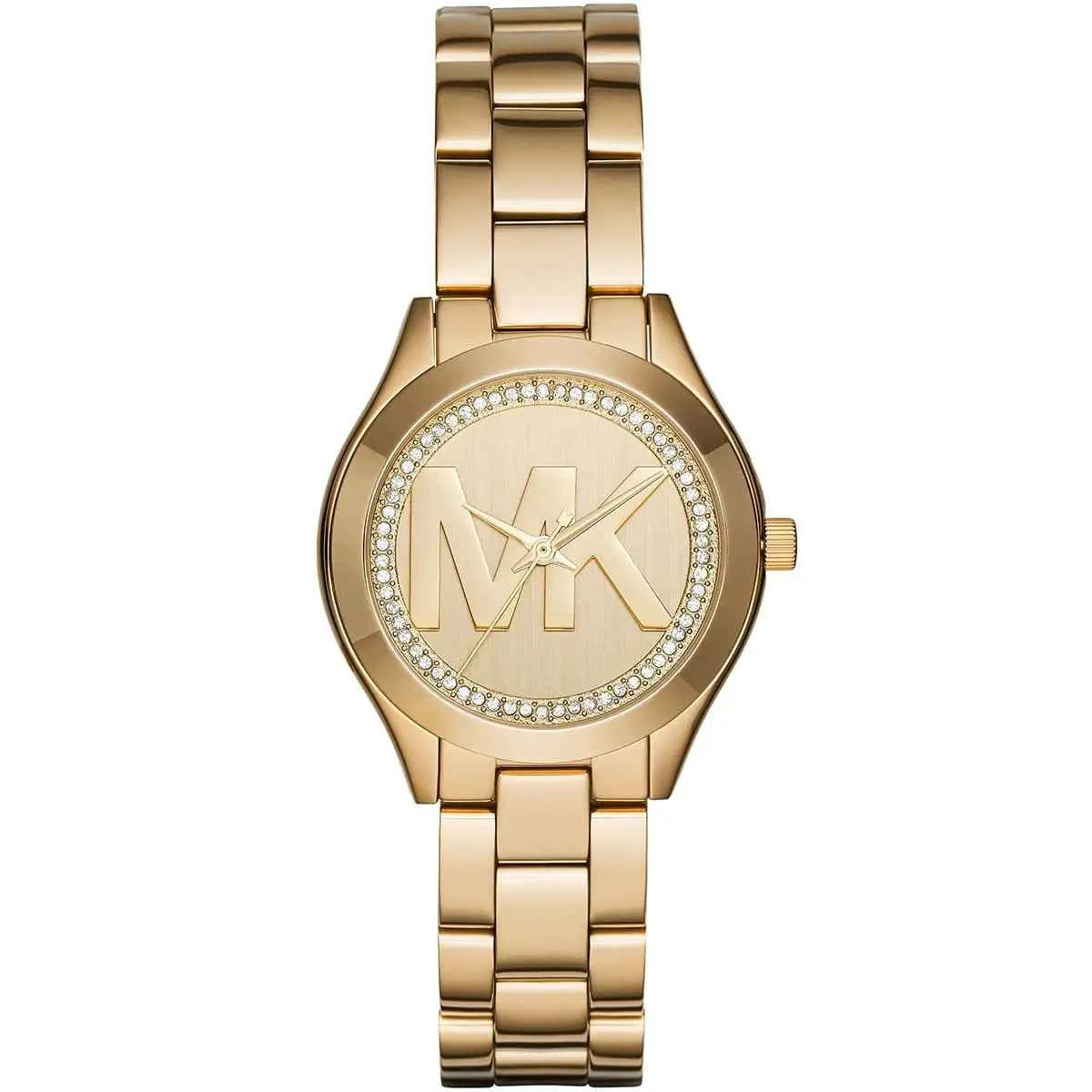 Michael Kors Runway Slim Mini MK3477 women's gold dial stainless steel watch front view