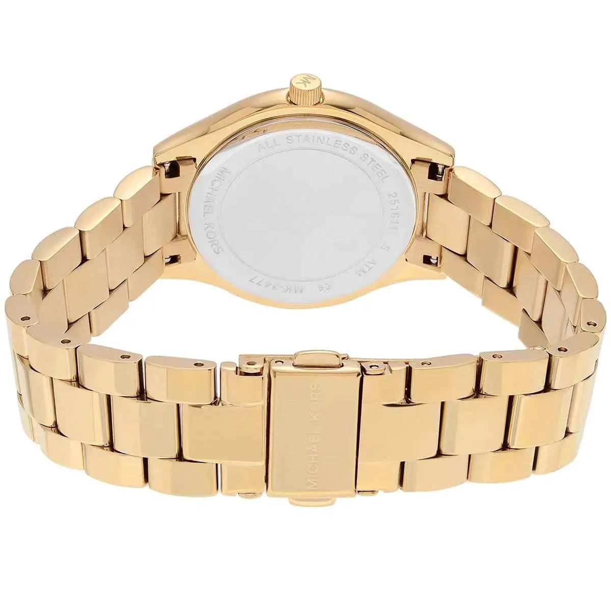 Back view of Michael Kors MK3477 quartz watch with gold stainless steel case
