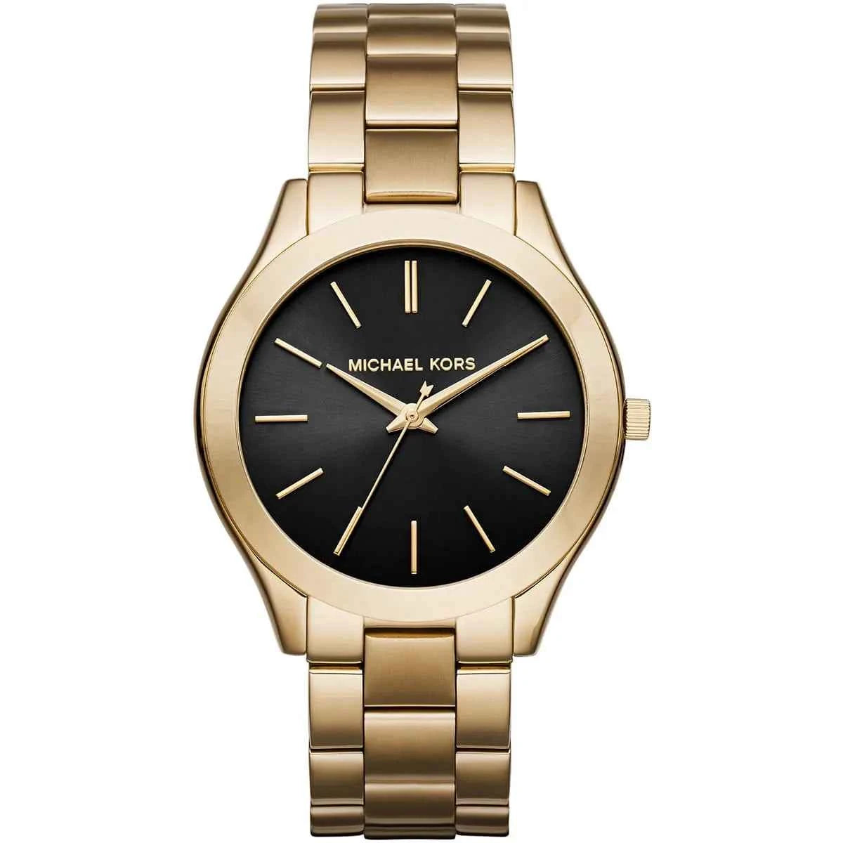 Michael Kors Runway Slim MK3478 women's black dial gold stainless steel watch front view
