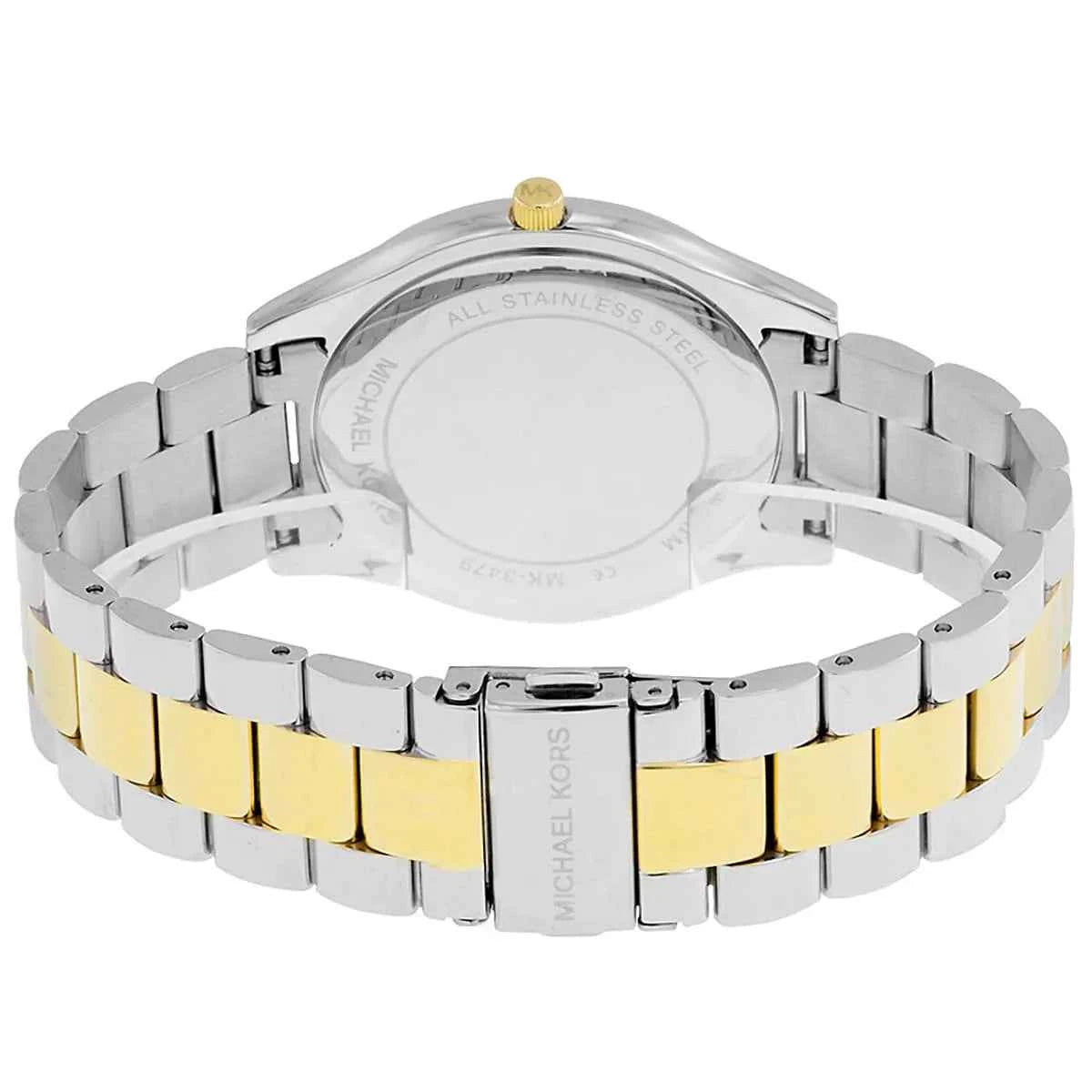 Back view of Michael Kors MK3479 quartz watch with stainless steel case