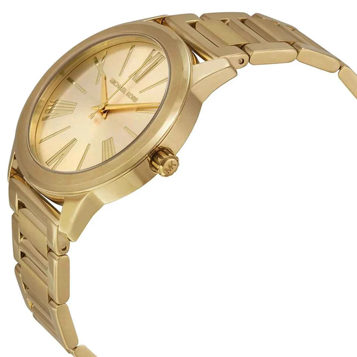 Close-up view of Michael Kors MK3490 gold analog dial with elegant markers
