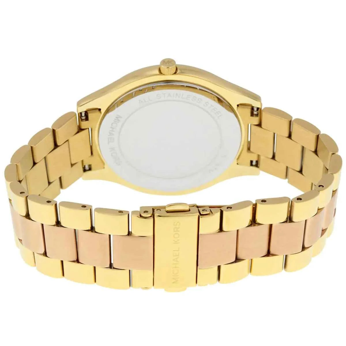 Back view of Michael Kors MK3493 quartz watch with stainless steel case