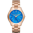 Michael Kors Runway Slim MK3494 women's blue dial rose gold stainless steel watch front view