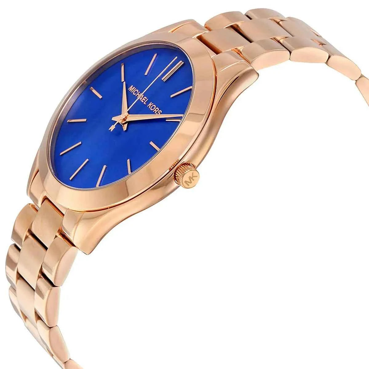 Close-up view of Michael Kors MK3494 blue analog dial with minimalist markers