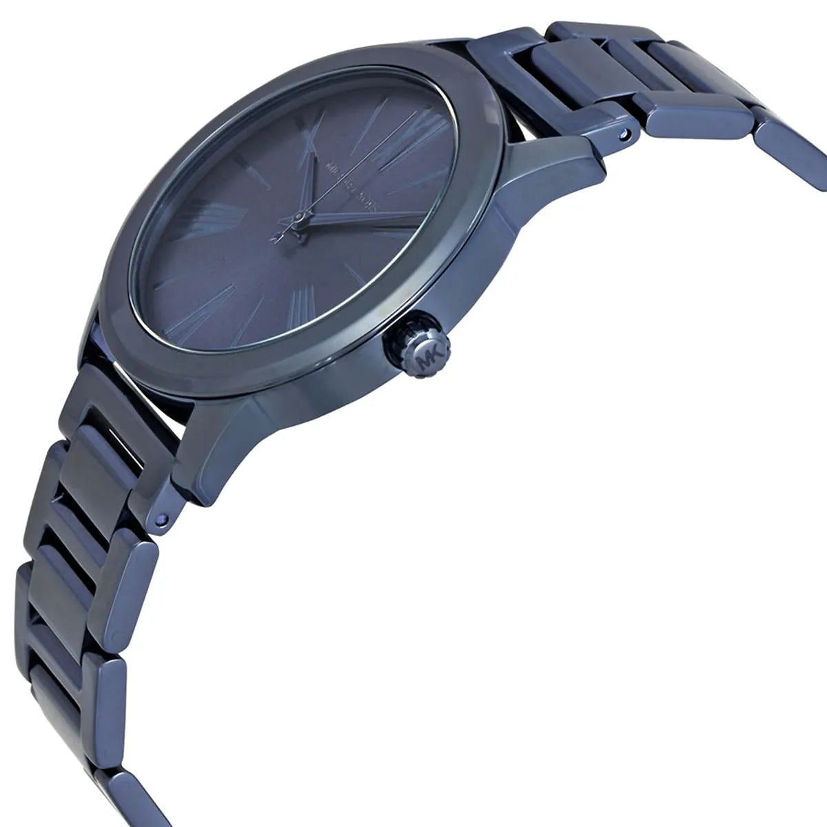 Close-up view of Michael Kors MK3509 blue analog dial with elegant markers