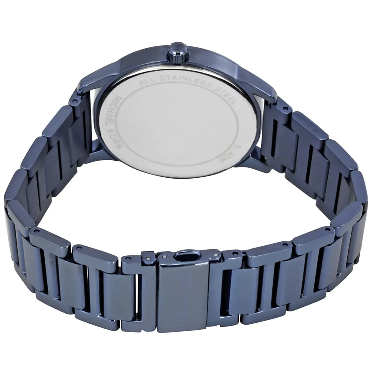 Back view of Michael Kors MK3509 quartz watch with blue stainless steel case