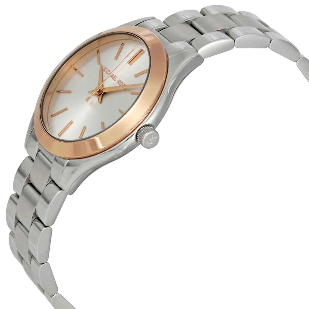 Close-up view of Michael Kors MK3514 silver analog dial with minimalist markers