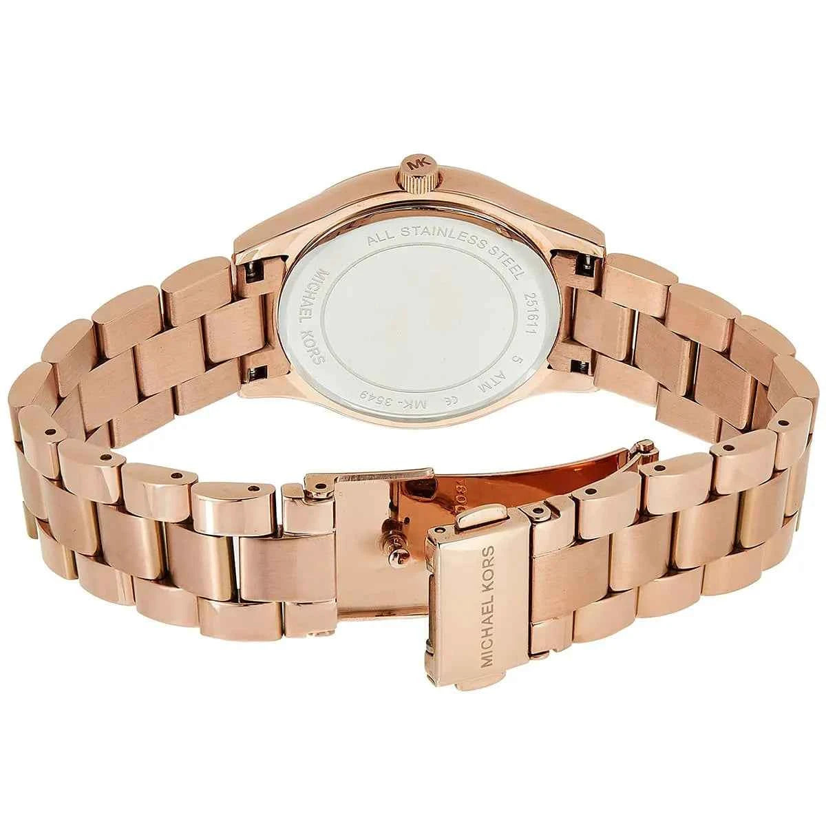 Back view of Michael Kors MK3549 quartz watch with rose gold stainless steel case
