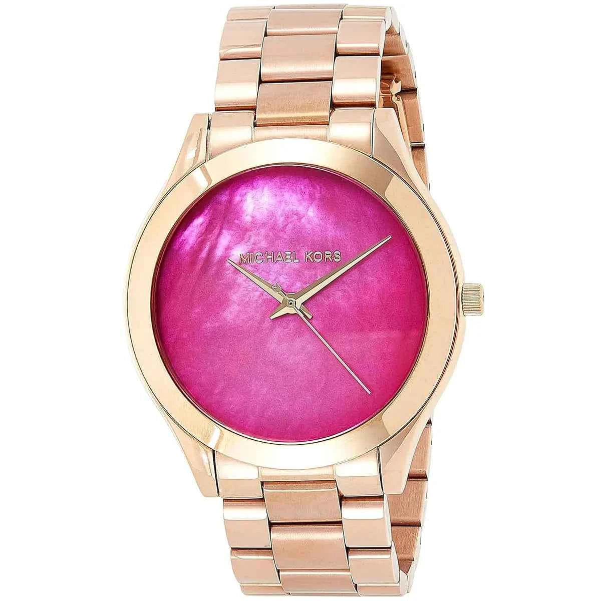 Close-up view of Michael Kors MK3550 pink analog dial with minimalist markers