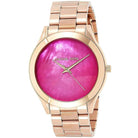 Close-up view of Michael Kors MK3550 pink analog dial with minimalist markers