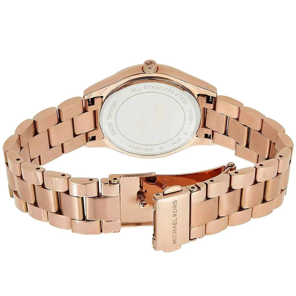 Back view of Michael Kors MK3550 quartz watch with rose gold stainless steel case