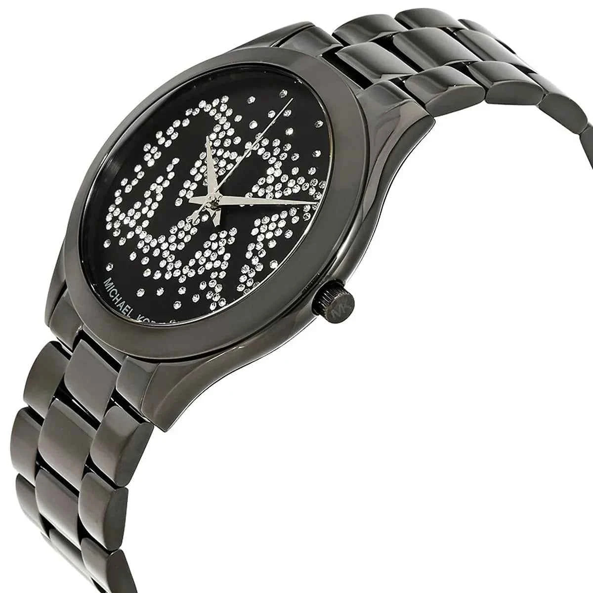 Close-up view of Michael Kors MK3589 black analog dial with minimalist markers