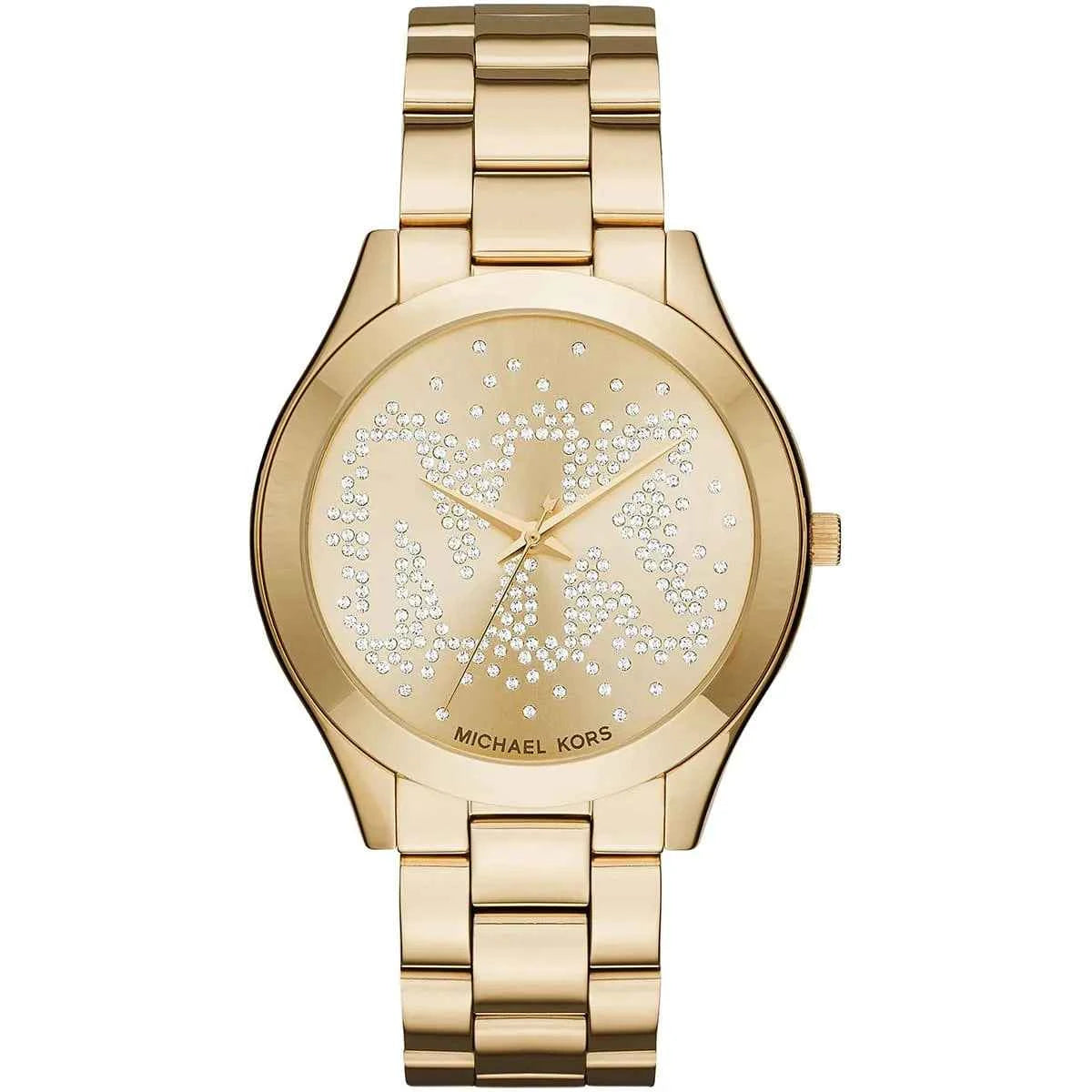 Michael Kors Runway Slim MK3590 women's gold dial gold stainless steel watch front view