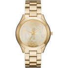 Michael Kors Runway Slim MK3590 women's gold dial gold stainless steel watch front view