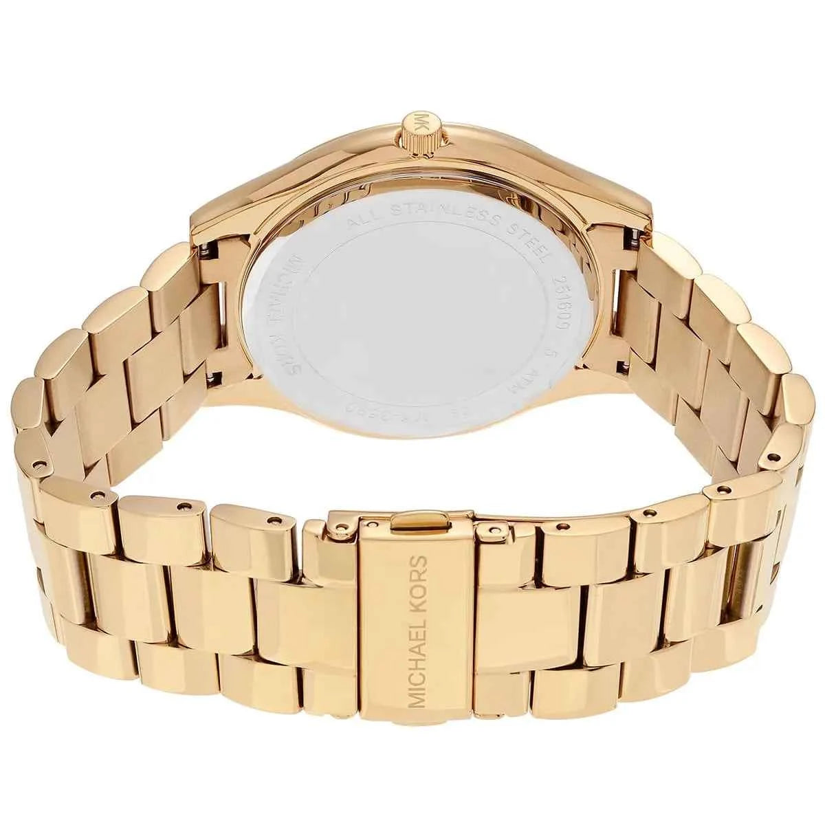 Back view of Michael Kors MK3590 quartz watch with gold stainless steel case