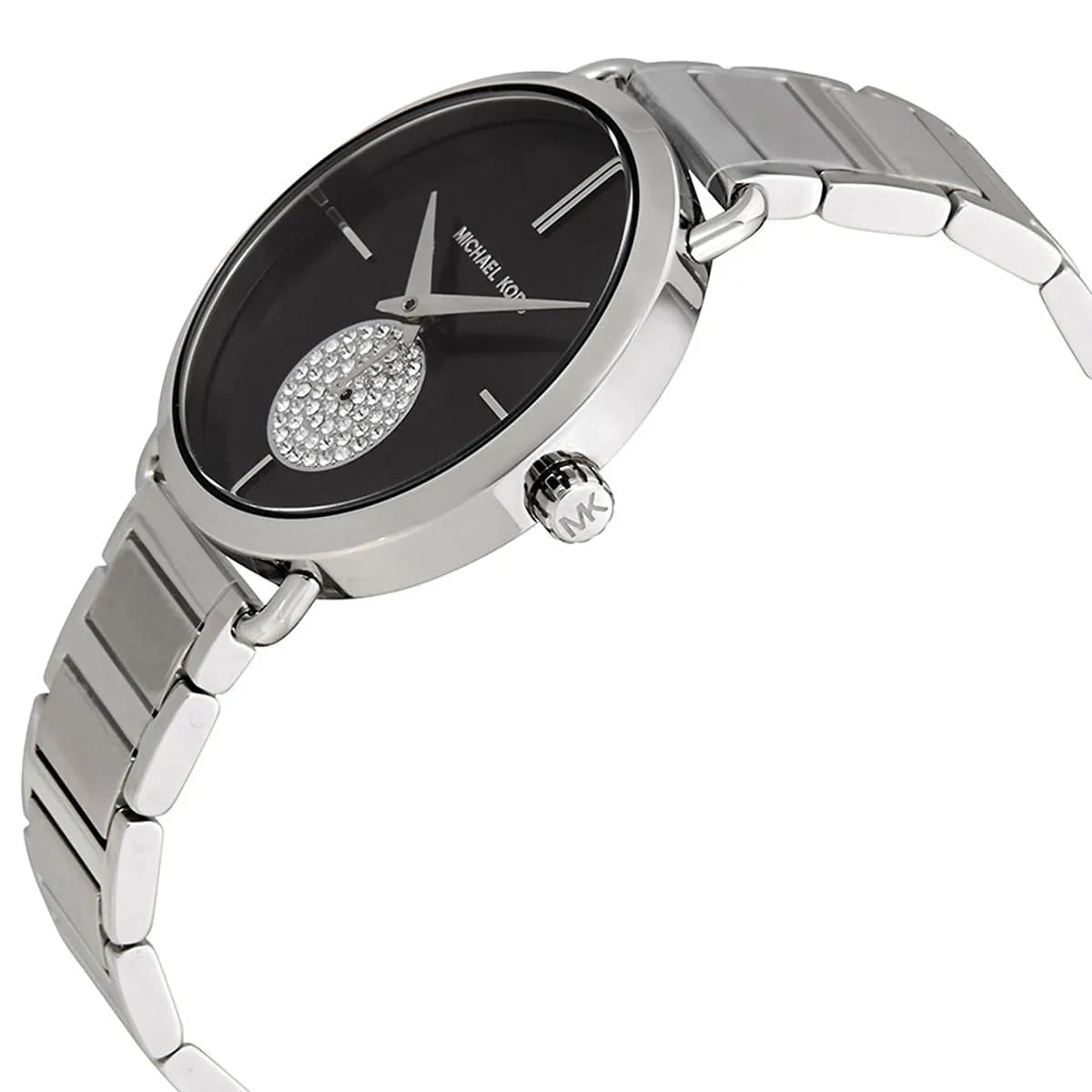 Close-up view of Michael Kors MK3638 black analog dial with elegant markers