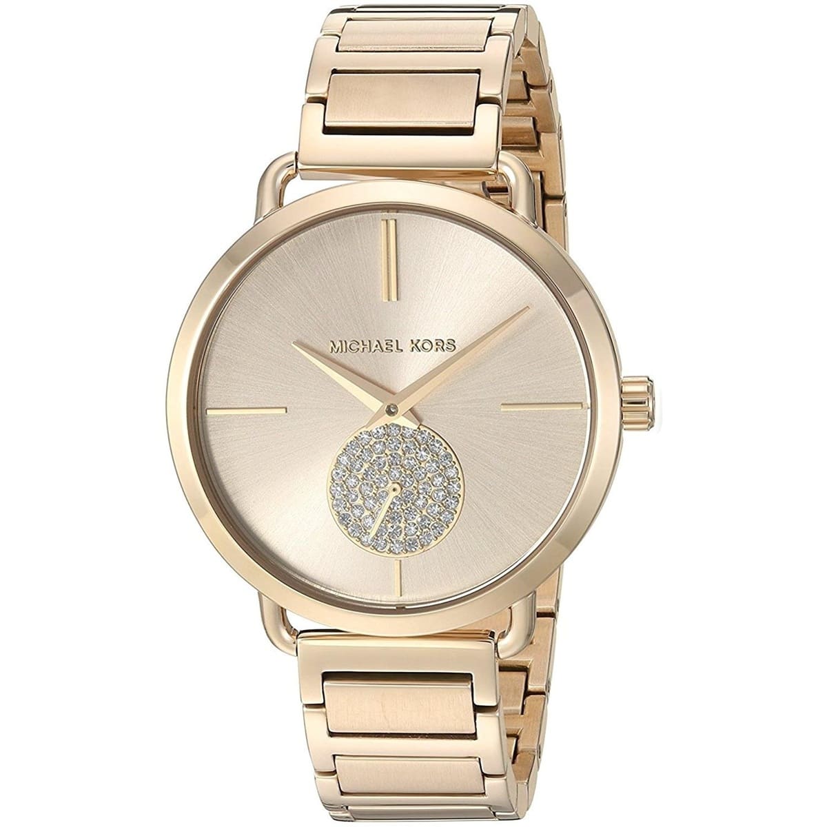 Close-up view of Michael Kors MK3639 gold analog dial with elegant markers