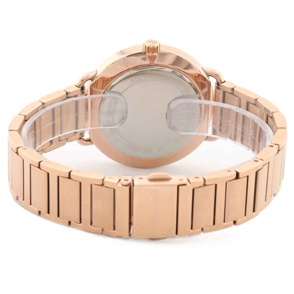 Back view of Michael Kors MK3640 quartz watch with rose gold stainless steel case