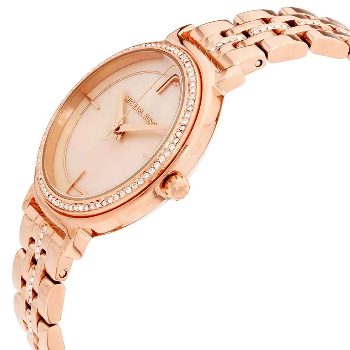Close-up view of Michael Kors MK3643 rose gold analog dial with elegant hour markers