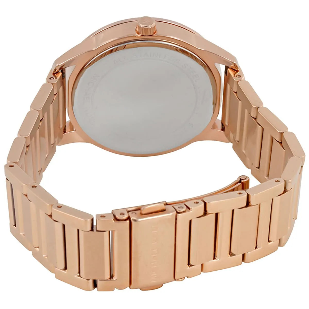 Back view of Michael Kors MK3673 quartz watch with rose gold stainless steel case