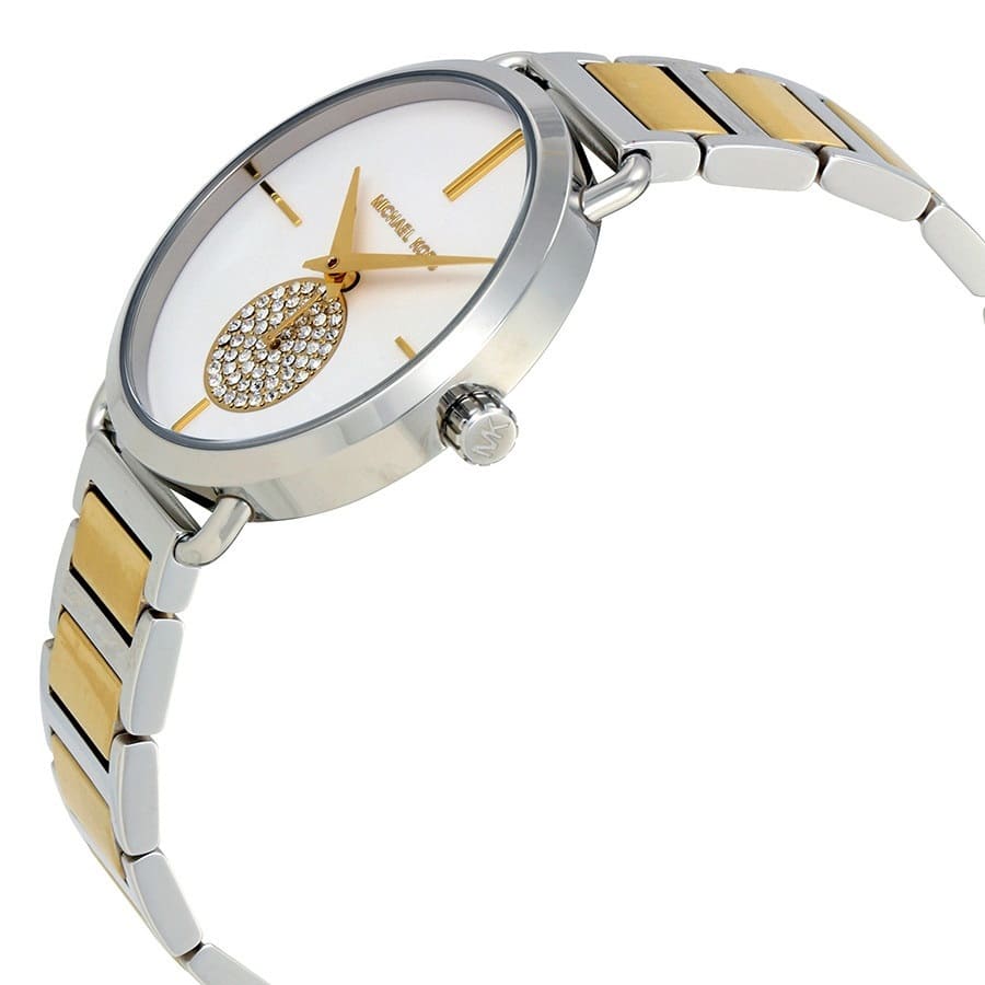 Close-up view of Michael Kors MK3679 silver analog dial with elegant markers