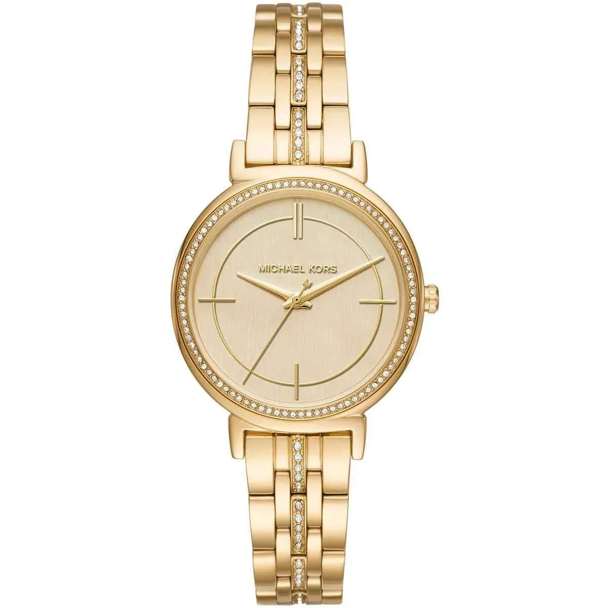 Gold dial front view of Michael Kors Cinthia MK3681 women's stainless steel watch
