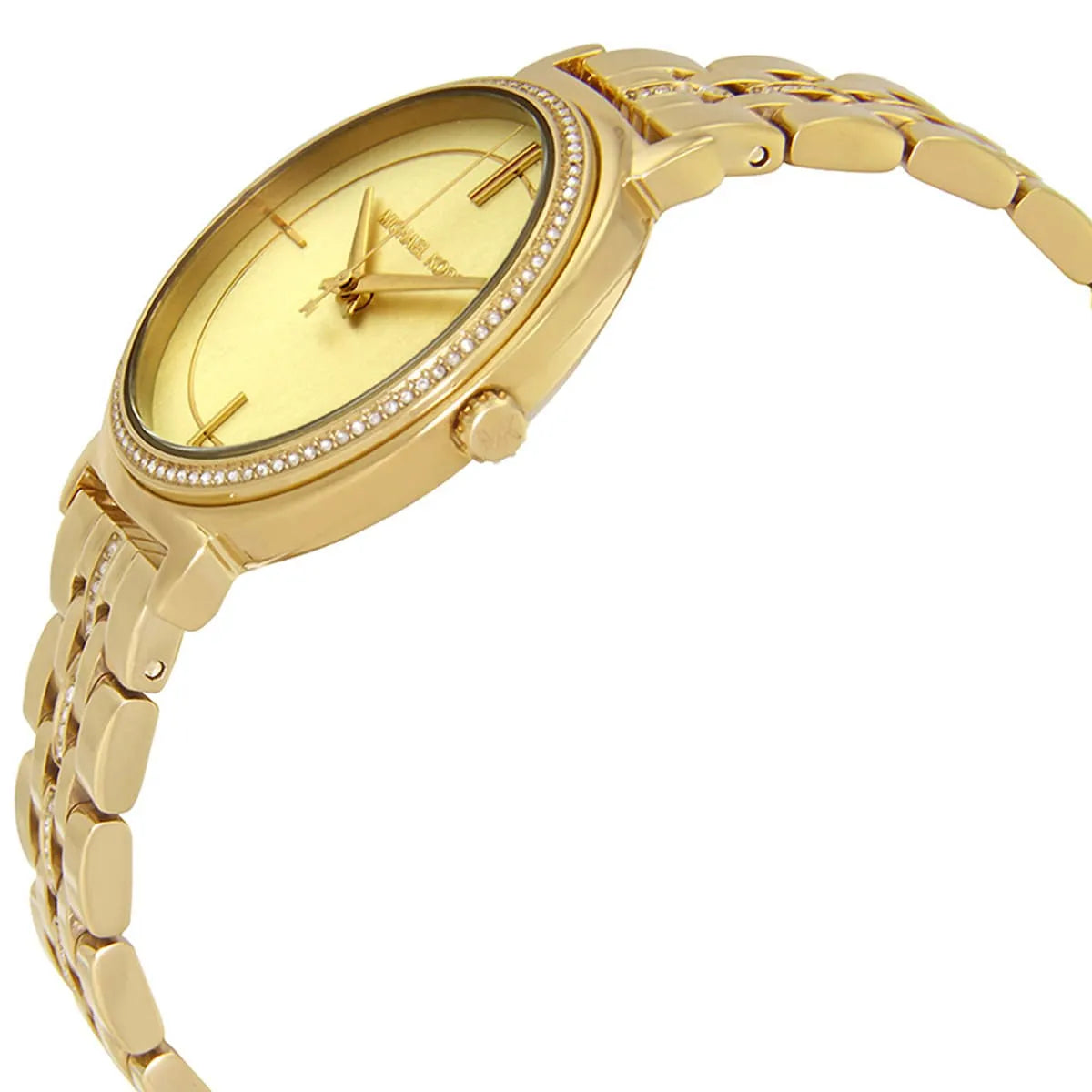 Close-up view of Michael Kors MK3681 gold analog dial with elegant hour markers