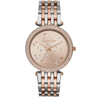 Front view of Michael Kors Darci MK3726 women's silver and rose gold stainless steel watch