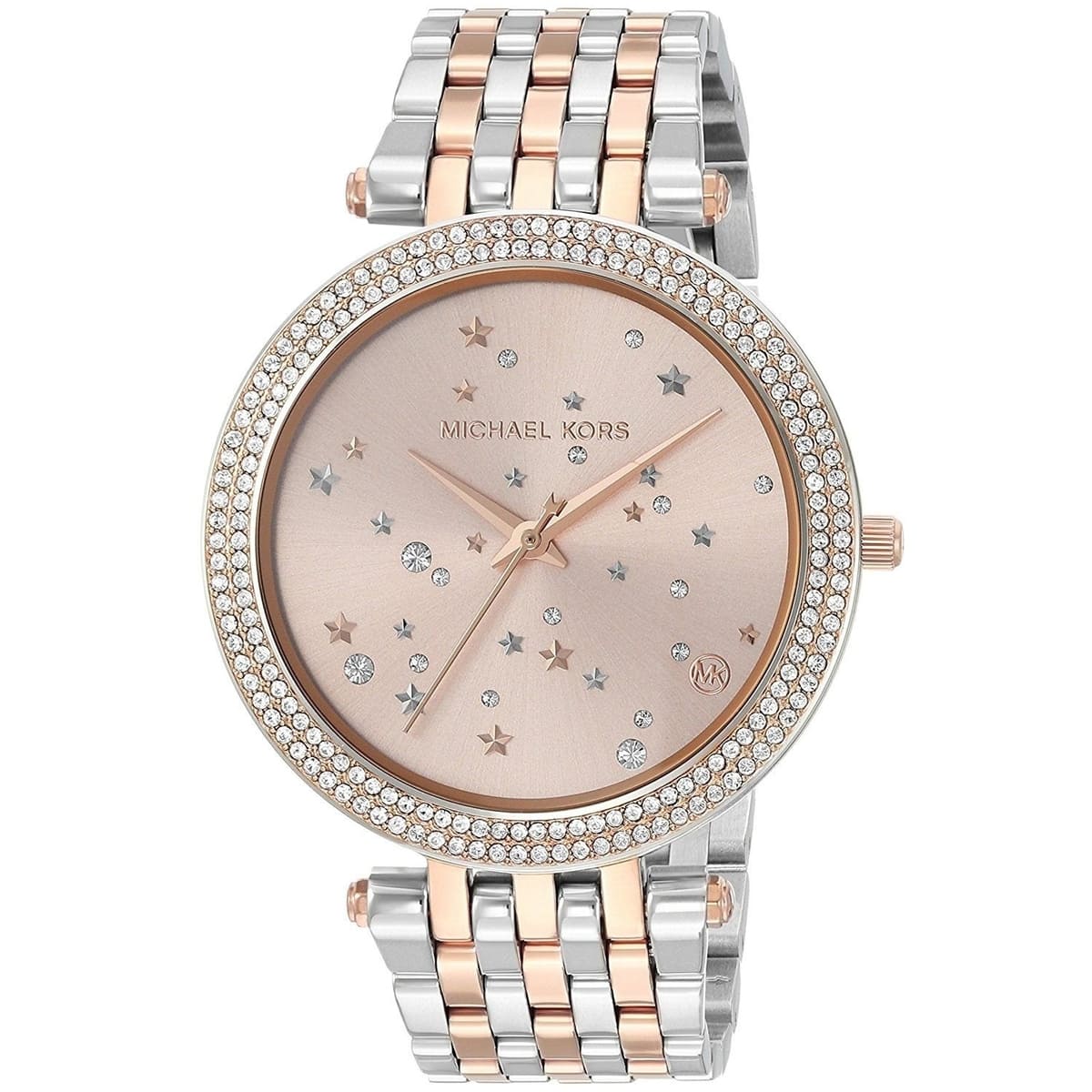 Close-up view of Michael Kors MK3726 rose gold analog dial with elegant hour markers