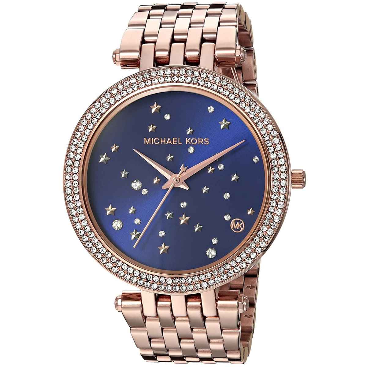 Close-up view of Michael Kors MK3728 blue analog dial with elegant hour markers