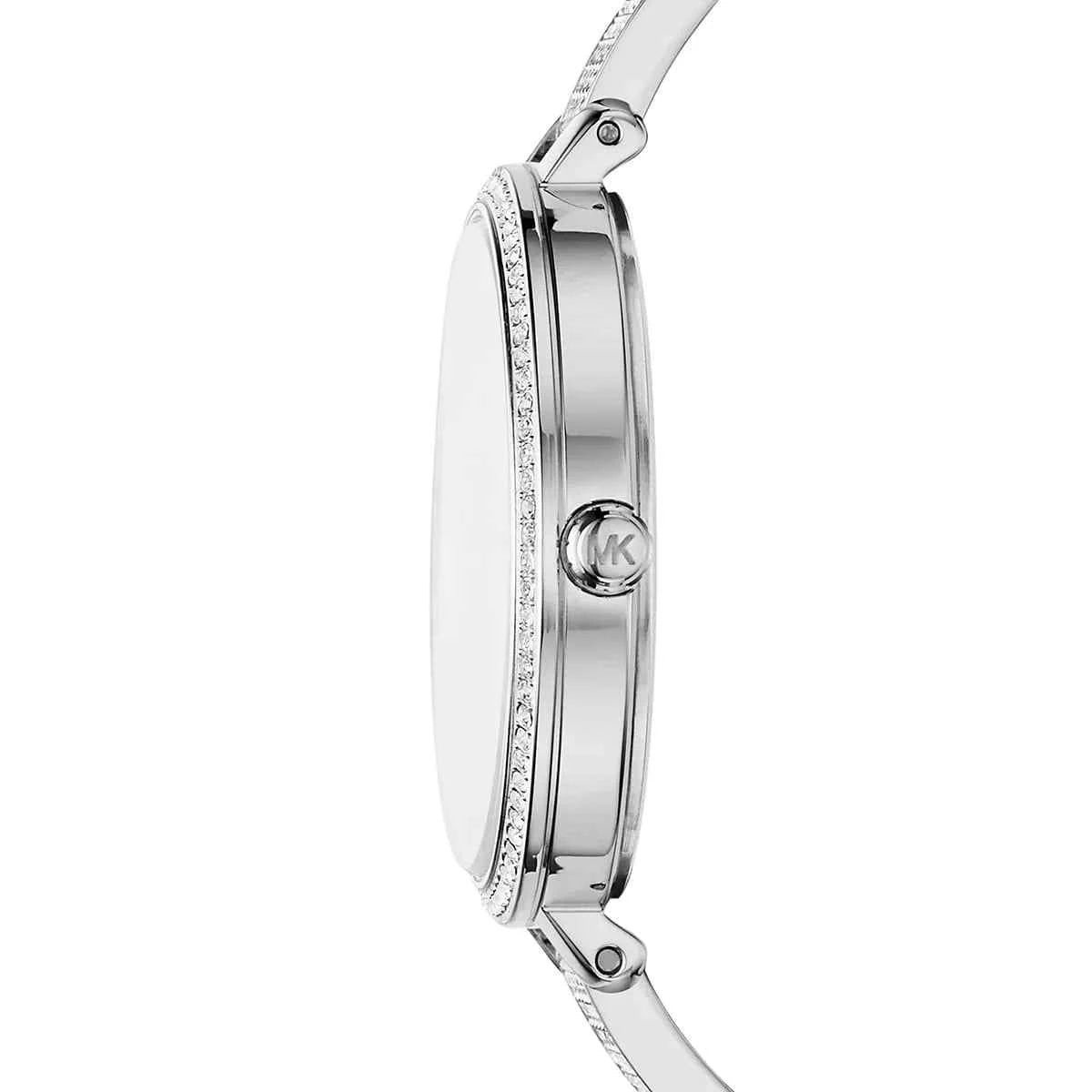 Side view of Michael Kors Jaryn MK3783 silver stainless steel bracelet watch
