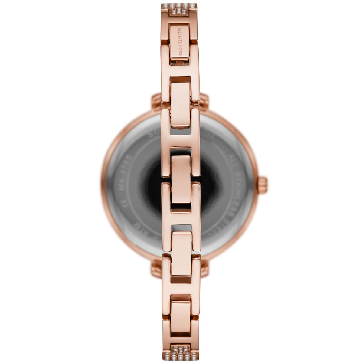 Back view of Michael Kors MK3785 quartz watch with rose gold stainless steel case