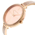 Close-up view of Michael Kors MK3785 rose gold analog dial with elegant hour markers