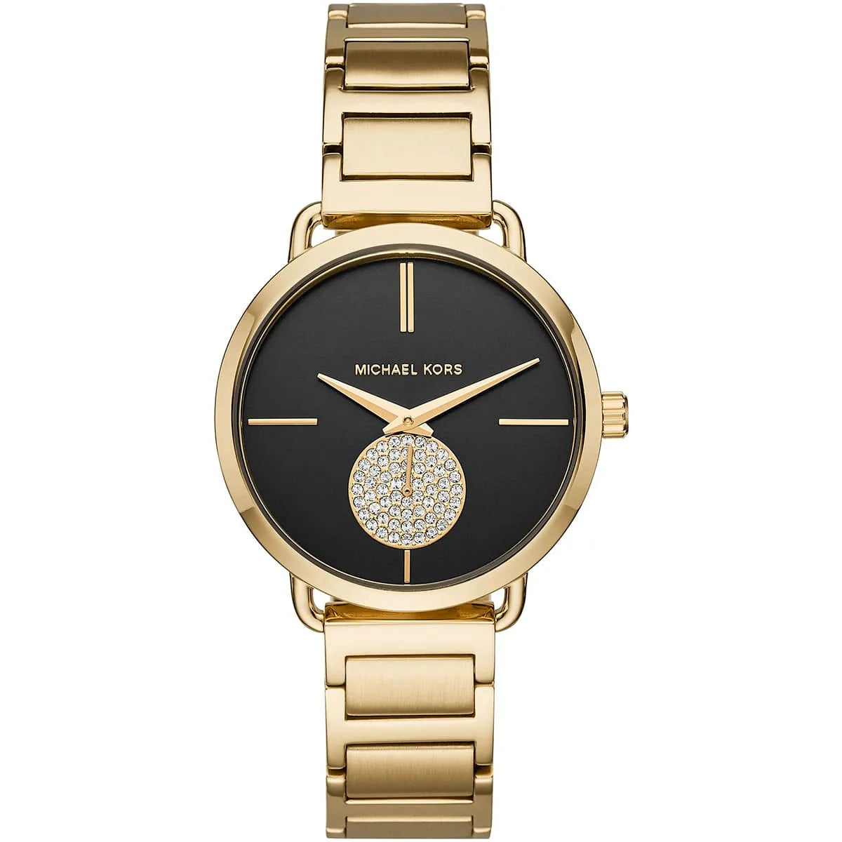 Michael Kors Portia MK3788 women's black dial gold stainless steel watch front view