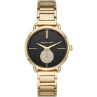 Michael Kors Portia MK3788 women's black dial gold stainless steel watch front view