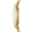 Side view of Michael Kors Runway Slim MK3803 gold stainless steel bracelet watch