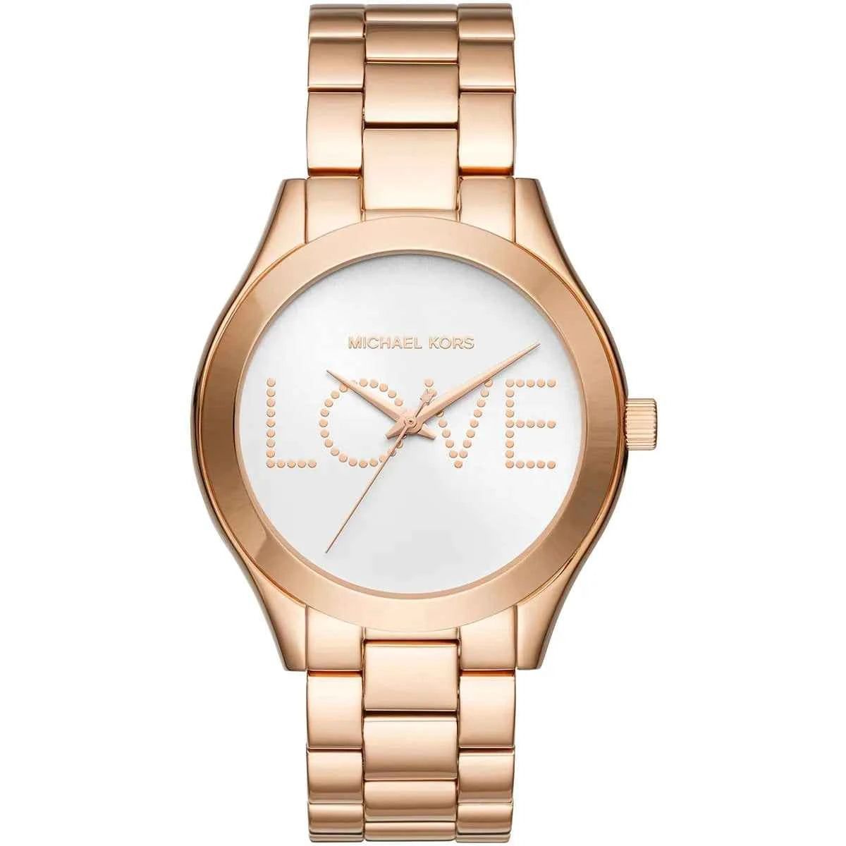 Rose gold front view of Michael Kors Runway Slim MK3804 women's stainless steel watch