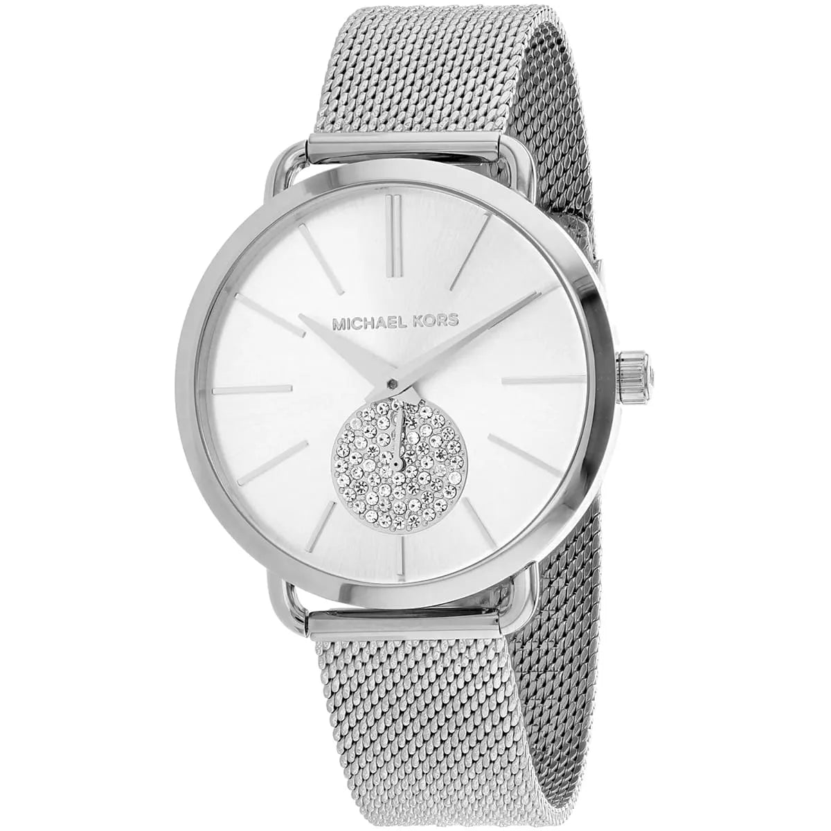 Close-up view of Michael Kors MK3843 silver analog dial with elegant hour markers