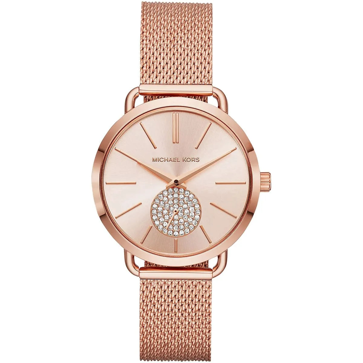 Rose gold front view of Michael Kors Portia MK3845 women's stainless steel watch