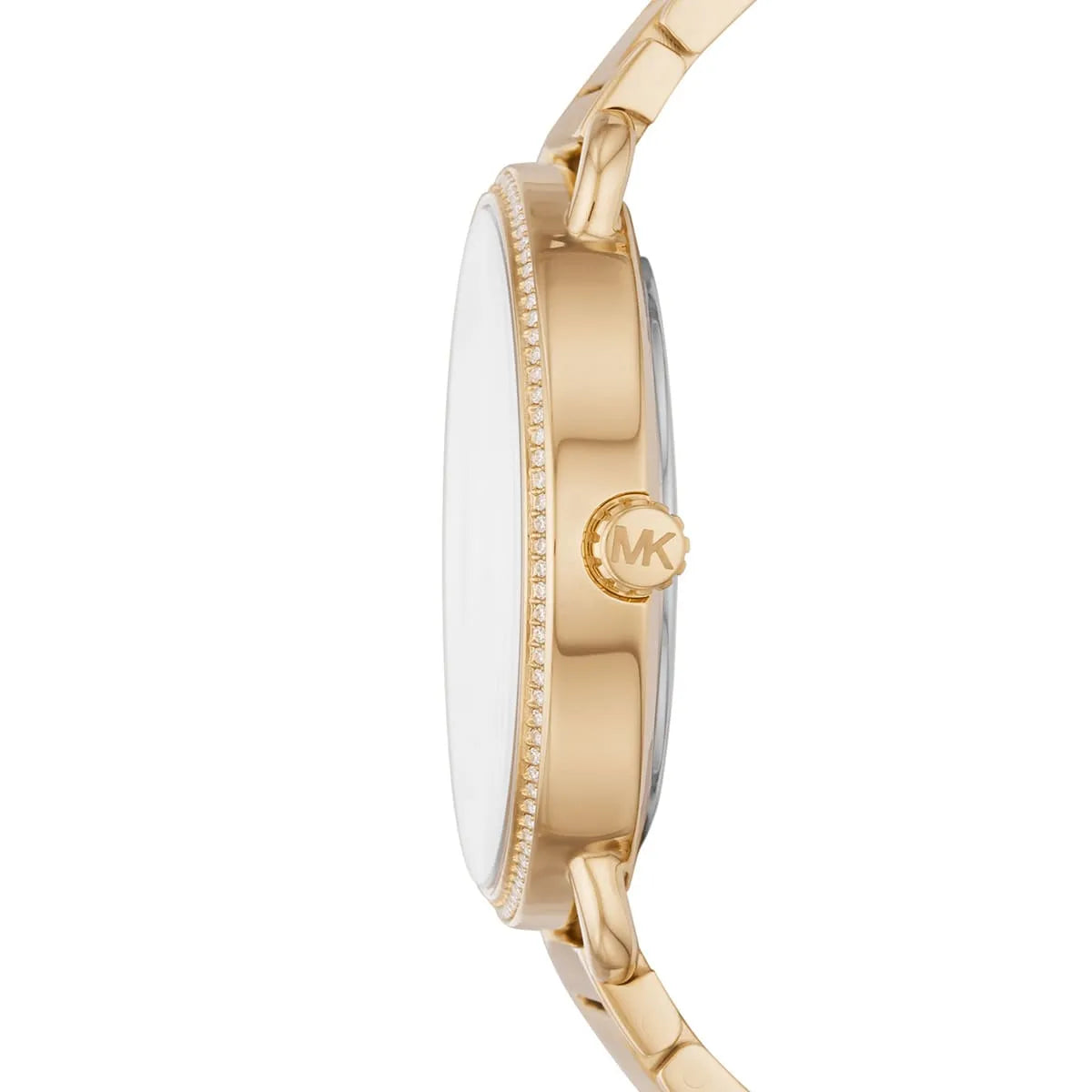 Side profile of Michael Kors Portia MK3886 gold stainless steel women's watch