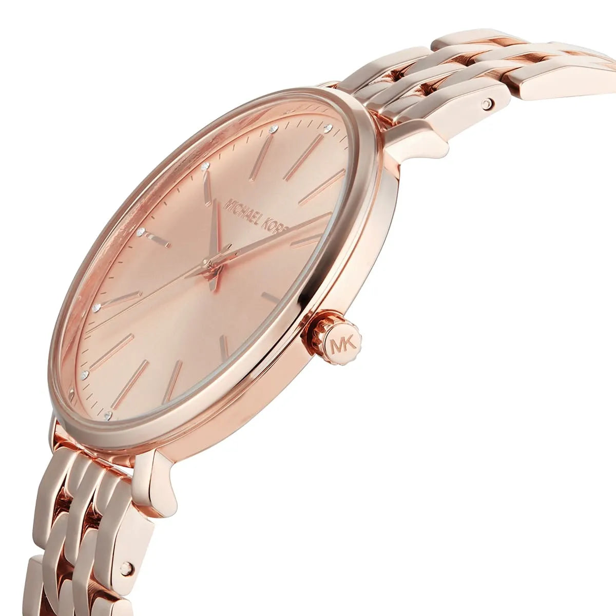 Close-up view of Michael Kors MK3897 rose gold analog dial with elegant hour markers