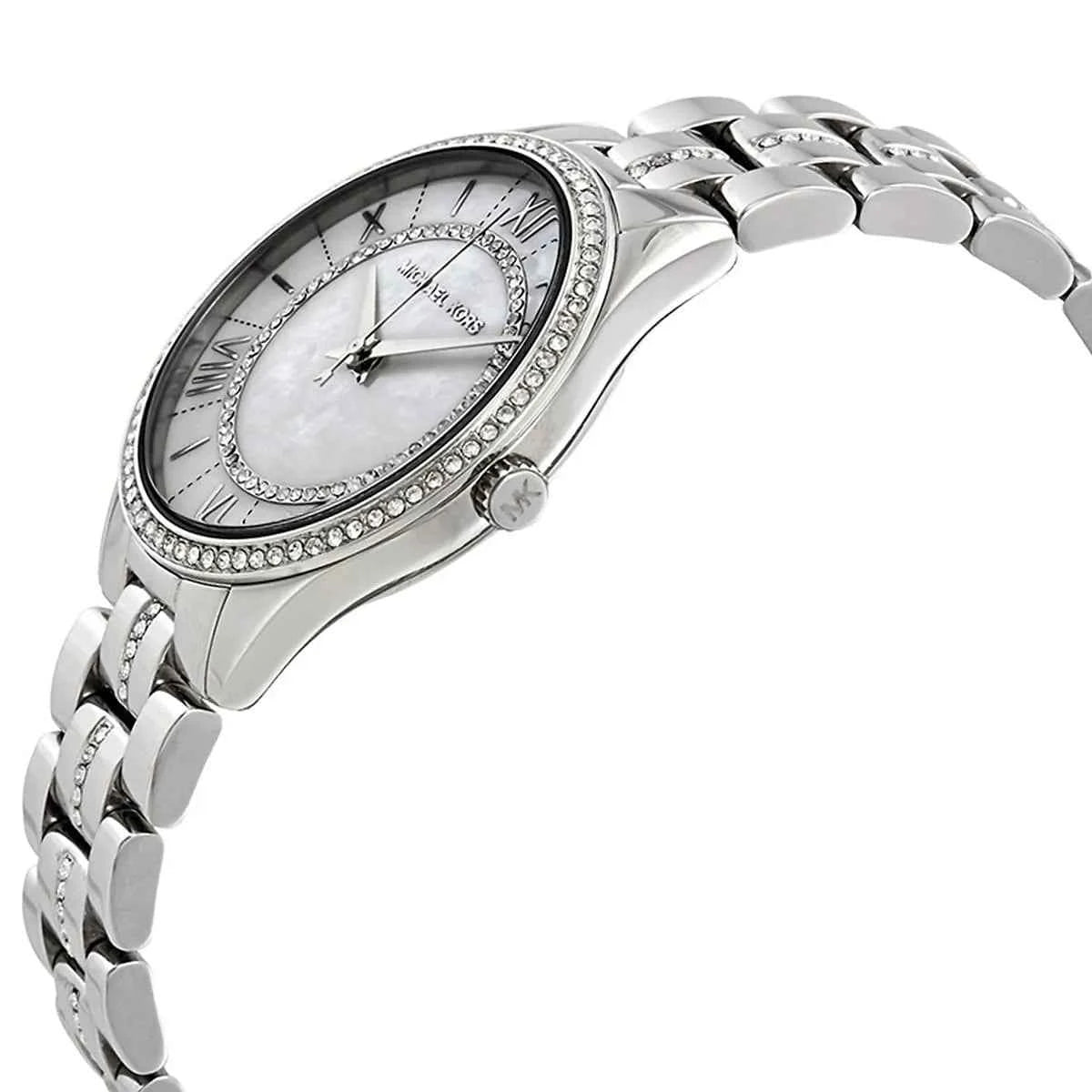 Close-up view of Michael Kors MK3900 white analog dial with elegant hour markers