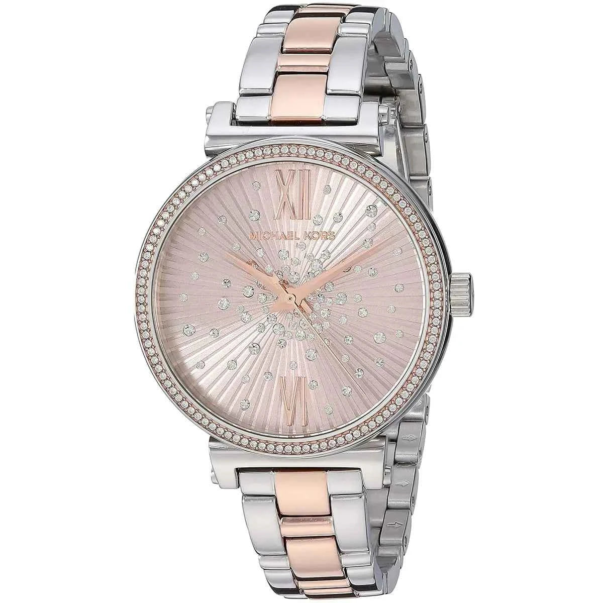 Close-up view of Michael Kors MK3972 rose gold analog dial with elegant hour markers
