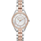 Front view of Michael Kors Lauryn MK3979 women's silver and rose gold stainless steel watch