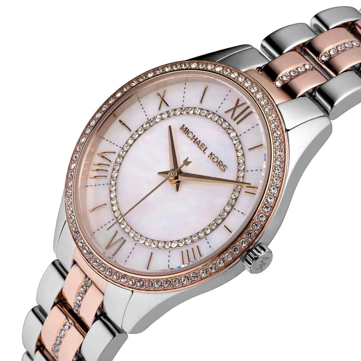 Close-up view of Michael Kors MK3979 white analog dial with elegant hour markers