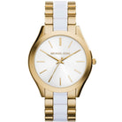 Michael Kors Slim Runway MK4295 women's white dial gold and white stainless steel watch front view