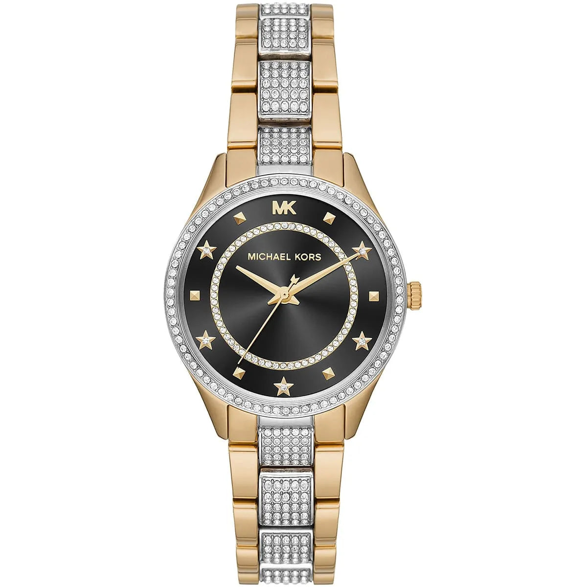 Michael Kors Lauryn MK4403 women's black dial silver and gold stainless steel watch front view